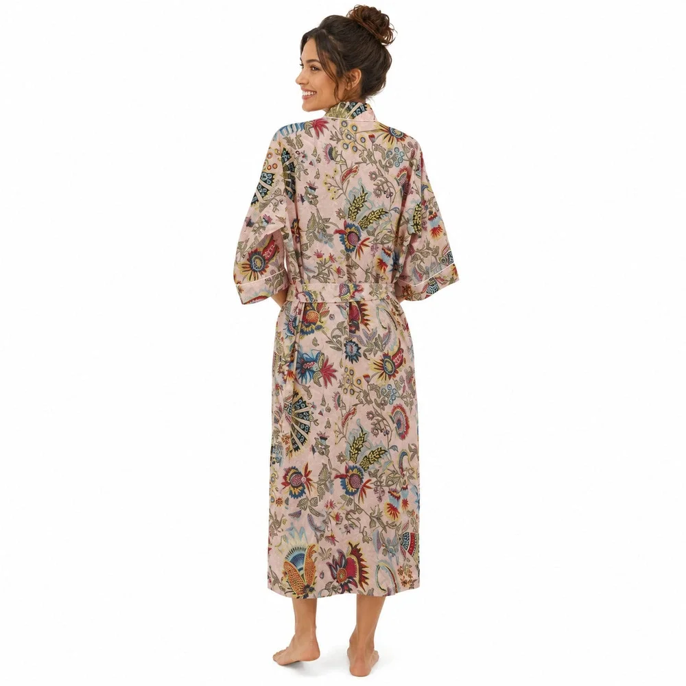 Pink Floral Kimono Robe One Size Boho Spa Lounge Cover Up Sleepwear Vacation